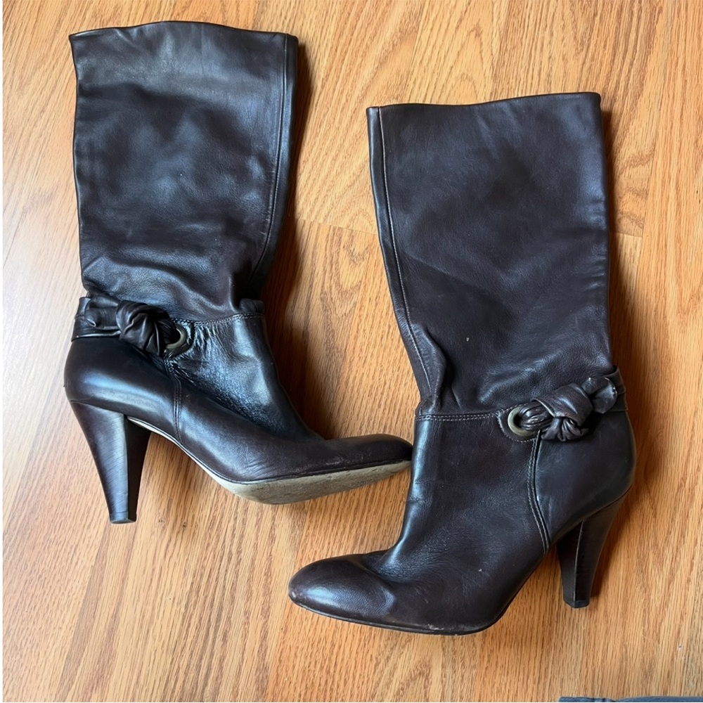 Arturo Chiang Leather Boots Dark Brown Size 6 Buckle Y2K Cone Heel